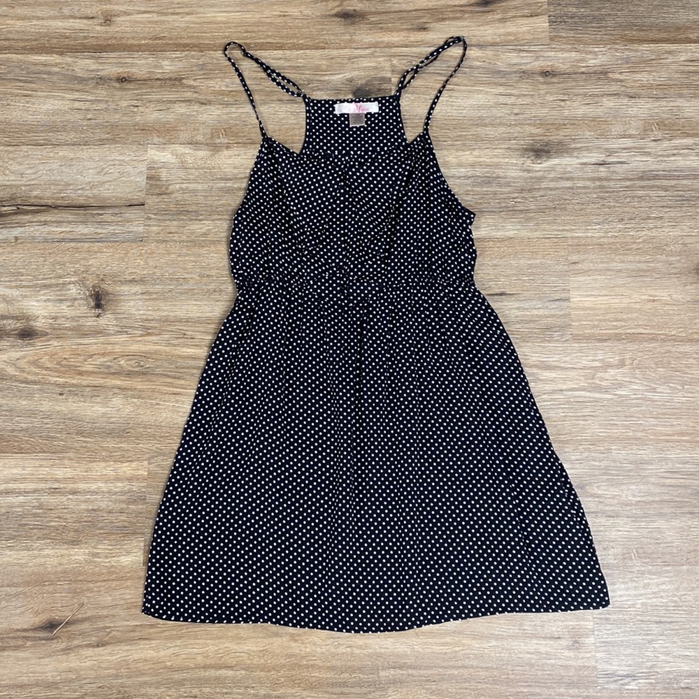 Myan Black White Polka Dot Bow Spaghetti Strap Dress L